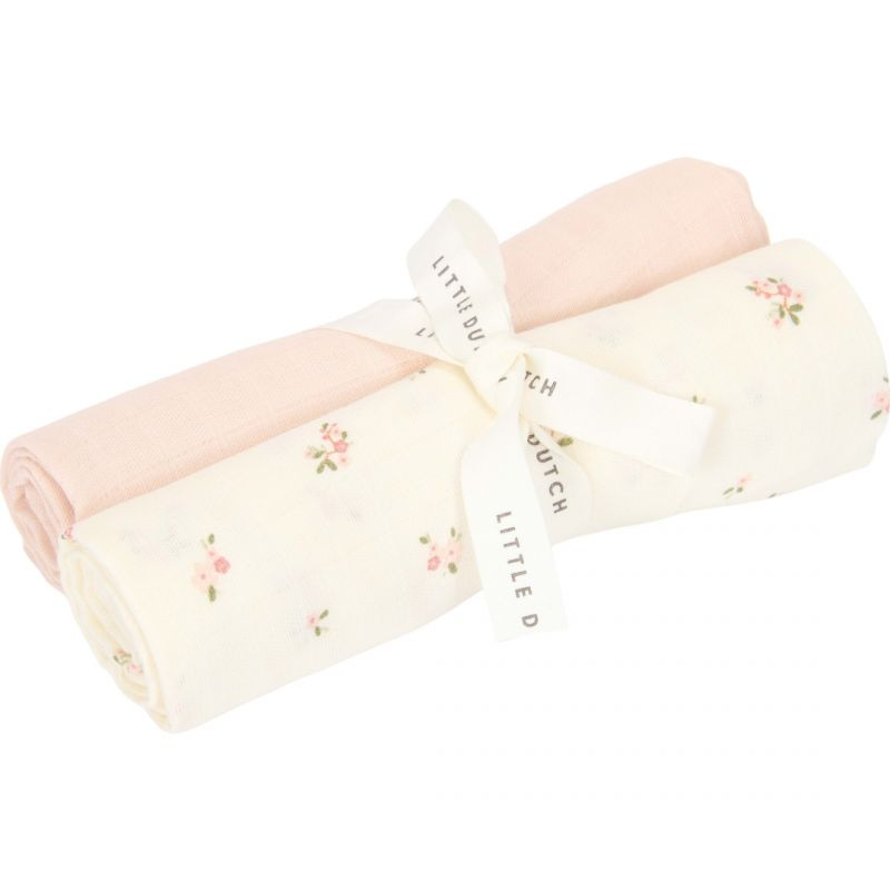 Little Dutch - 2-pack Mussola 70x70 cm - 100% Cotone Organico - Organico - bianco floreale/rosa - Fairy Garden