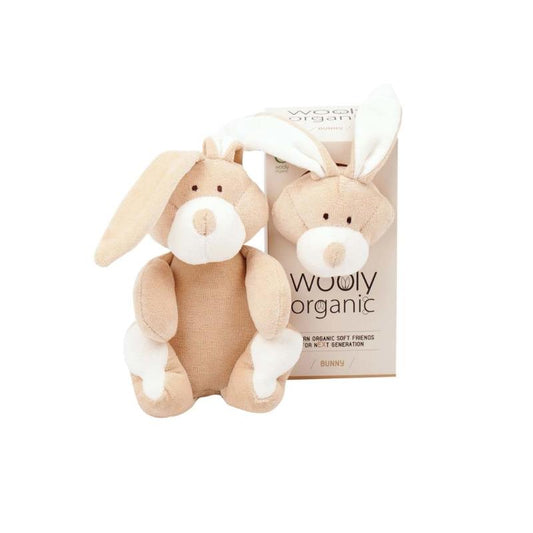 Peluche in cotone di un coniglio con le orecchie e la sua simpatica scatola
