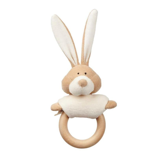 sonaglio con anello in legno e peluche a forma di coniglio